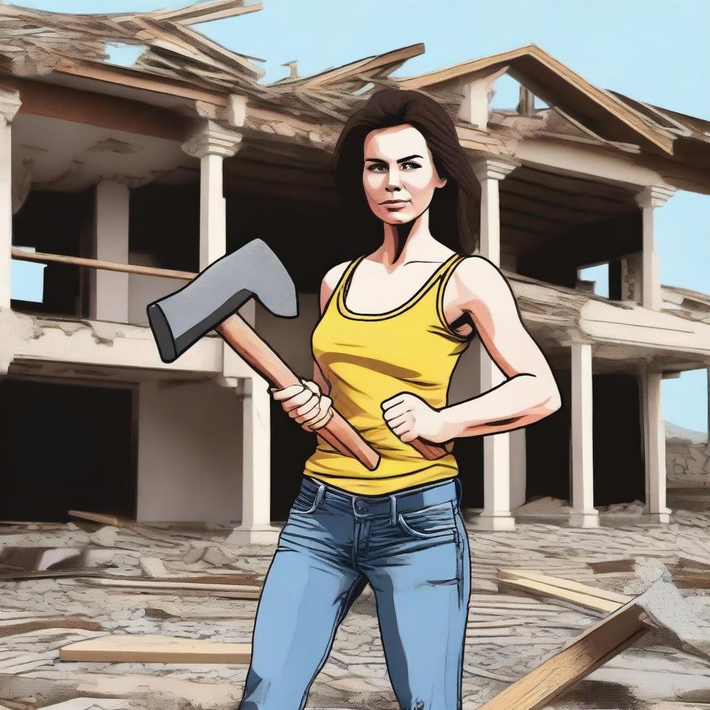 Generate an image of a woman holding a sledgehammer in front of a partially demolished house