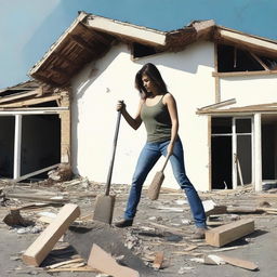 Generate an image of a woman holding a sledgehammer in front of a partially demolished house