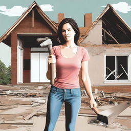 Generate an image of a woman holding a sledgehammer in front of a partially demolished house