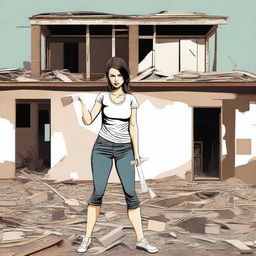 Generate an image of a woman holding a sledgehammer in front of a partially demolished house