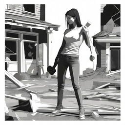 Generate an image of a woman holding a sledgehammer in front of a partially demolished house