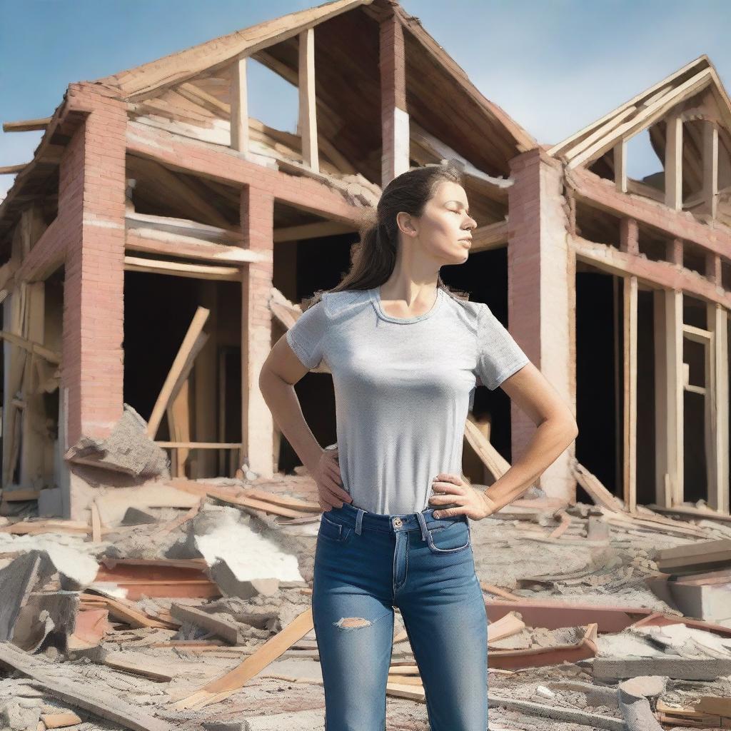 Generate an image of a woman holding a sledgehammer in front of a partially demolished house