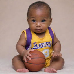 A baby version of basketball superstar Kobe Bryant, wearing a miniature Lakers jersey and holding a small basketball.