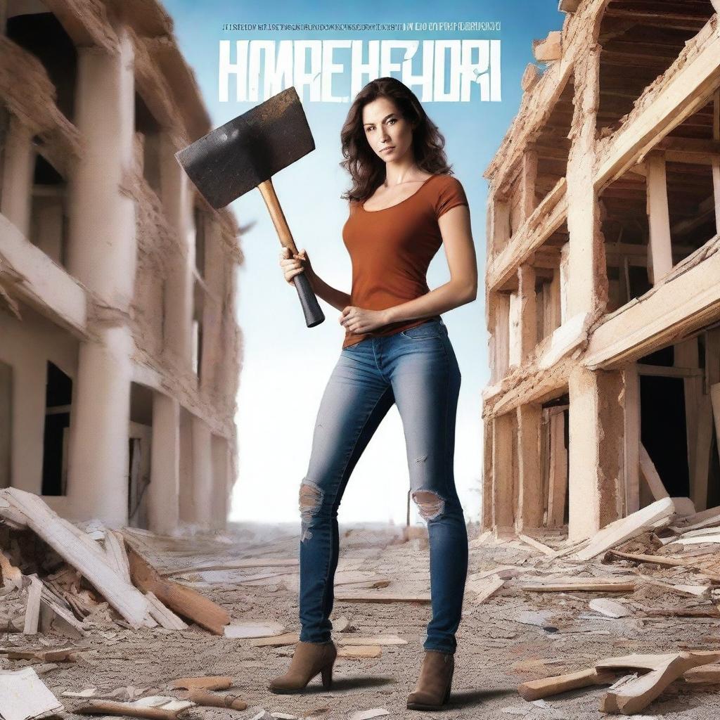 Generate a book cover design featuring a woman holding a sledgehammer in front of a partially demolished house