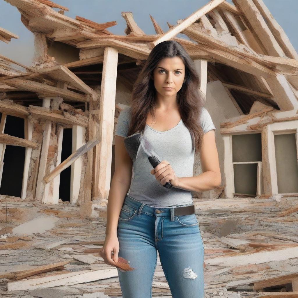 Generate a book cover design featuring a woman holding a sledgehammer in front of a partially demolished house