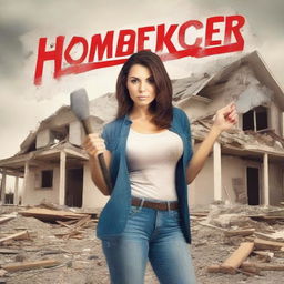 Generate a book cover design featuring a woman holding a sledgehammer in front of a partially demolished house