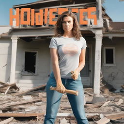 Generate a book cover design featuring a woman holding a sledgehammer in front of a partially demolished house