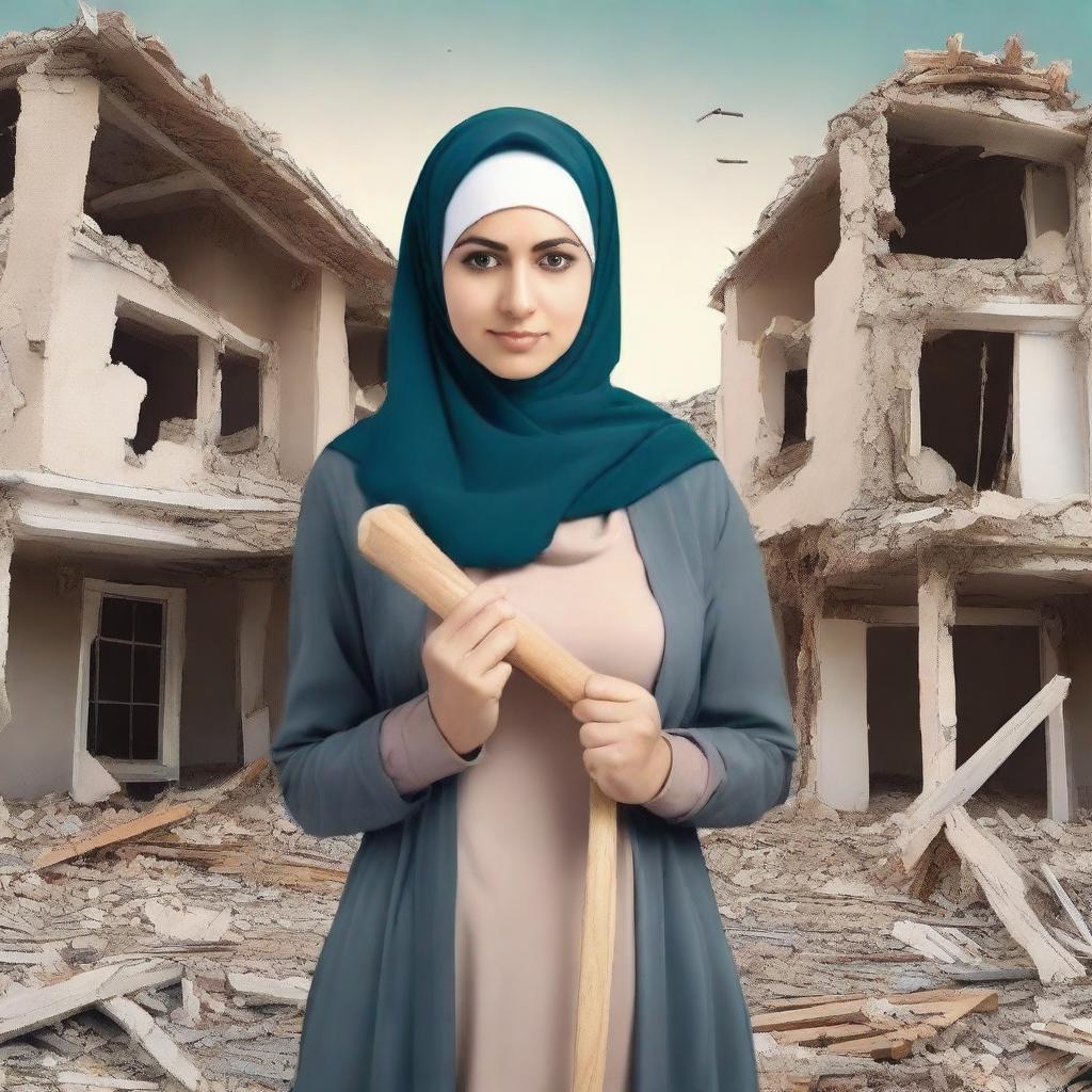 Generate a book cover design featuring a woman wearing a hijab and holding a sledgehammer in front of a partially demolished house