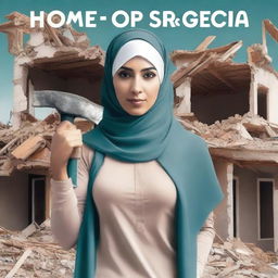 Generate a book cover design featuring a woman wearing a hijab and holding a sledgehammer in front of a partially demolished house