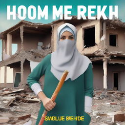 Generate a book cover design featuring a woman wearing a hijab and holding a sledgehammer in front of a partially demolished house