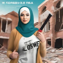 Generate a book cover design featuring a woman wearing a hijab and holding a sledgehammer in front of a partially demolished house