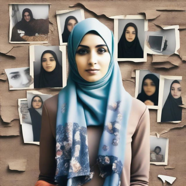 Generate an image of a woman wearing a hijab standing in front of a torn family photo