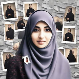 Generate an image of a woman wearing a hijab standing in front of a torn family photo