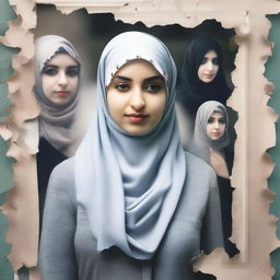 Generate an image of a woman wearing a hijab standing in front of a torn family photo