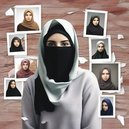 Generate an image of a woman wearing a hijab standing in front of a torn family photo