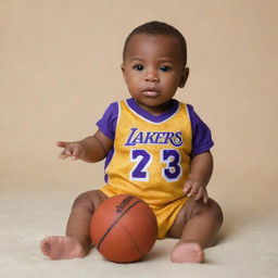 A baby version of basketball superstar Kobe Bryant, wearing a miniature Lakers jersey and holding a small basketball.