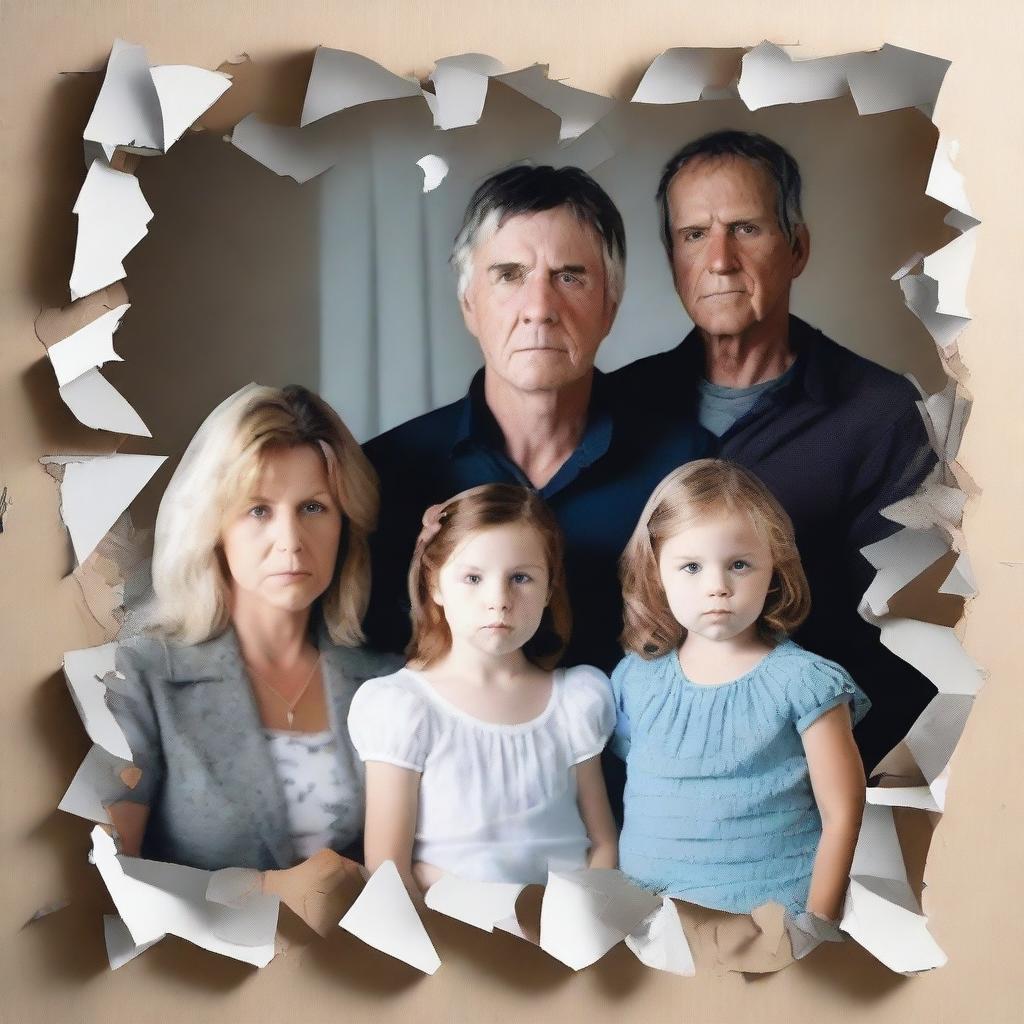 Generate an image featuring a shattered family photo, symbolizing a ruined family