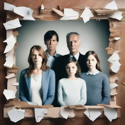 Generate an image featuring a shattered family photo, symbolizing a ruined family