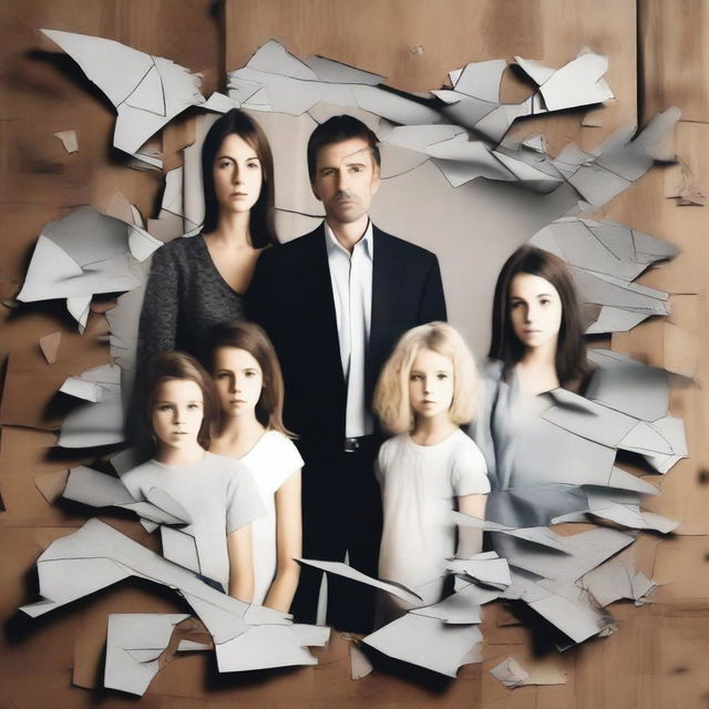 Generate an image featuring a shattered family photo, symbolizing a ruined family