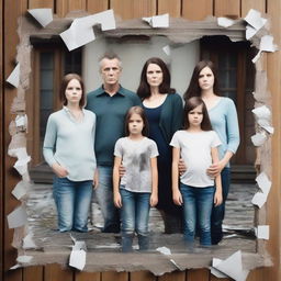 Generate an image featuring a shattered family photo, symbolizing a ruined family