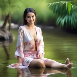 A super realistic, very high-resolution, super HD quality photograph features a gorgeous, sexy Spanish woman in a thin, short, unbuttoned sexy kimono