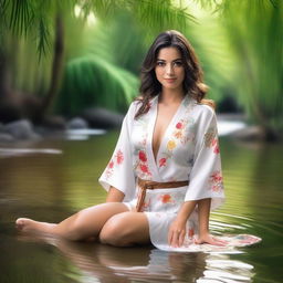 A super realistic, very high-resolution, super HD quality photograph features a gorgeous, sexy Spanish woman in a thin, short, unbuttoned sexy kimono