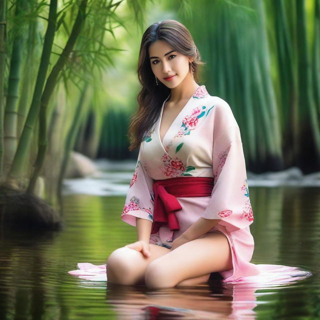 A super realistic, very high-resolution, super HD quality photograph features a gorgeous, sexy Spanish woman in a thin, short, unbuttoned sexy kimono