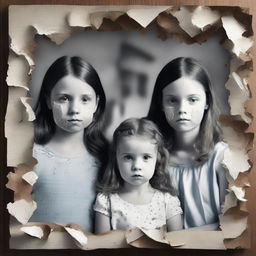 Generate an image featuring a shattered family photo, symbolizing a ruined family