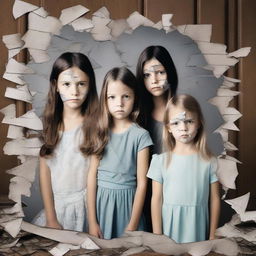 Generate an image featuring a shattered family photo, symbolizing a ruined family