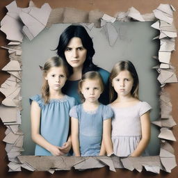 Generate an image featuring a shattered family photo, symbolizing a ruined family