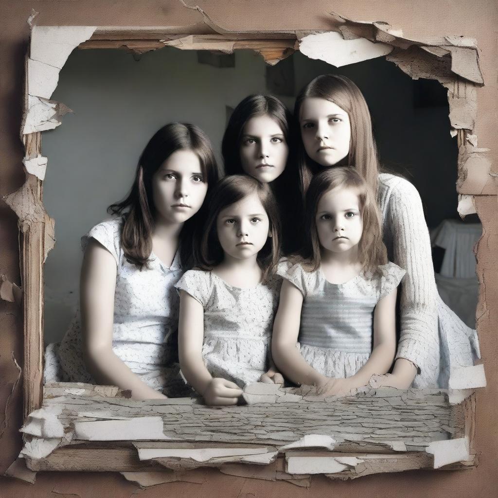 Generate an image featuring a shattered family photo, symbolizing a ruined family