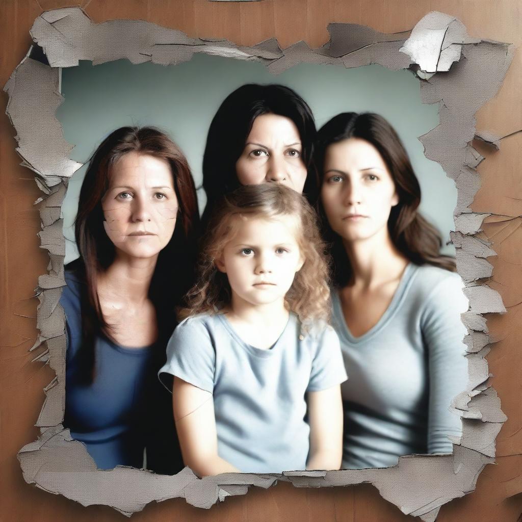 Generate an image featuring a shattered family photo, symbolizing a ruined family