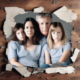 Generate an image featuring a shattered family photo, symbolizing a ruined family