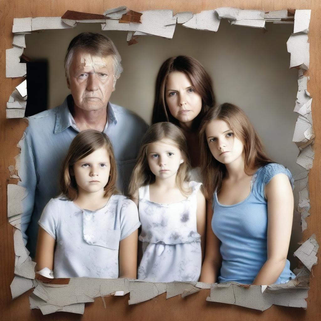 Generate an image featuring a shattered family photo, symbolizing a ruined family