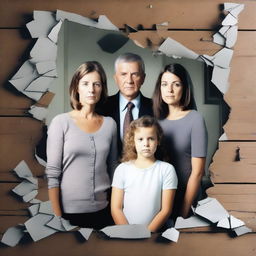 Generate an image featuring a shattered family photo, symbolizing a ruined family