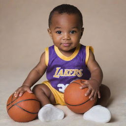 A baby version of basketball superstar Kobe Bryant, wearing a miniature Lakers jersey and holding a small basketball.