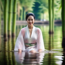 This super realistic, very high-resolution, super HD quality photograph captures a stunning Indonesian woman in a thin, transparent, short open kimono