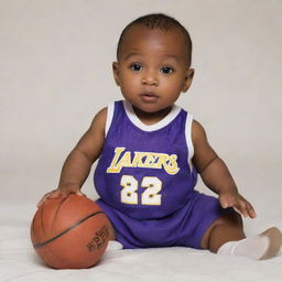 A baby version of basketball superstar Kobe Bryant, wearing a miniature Lakers jersey and holding a small basketball.