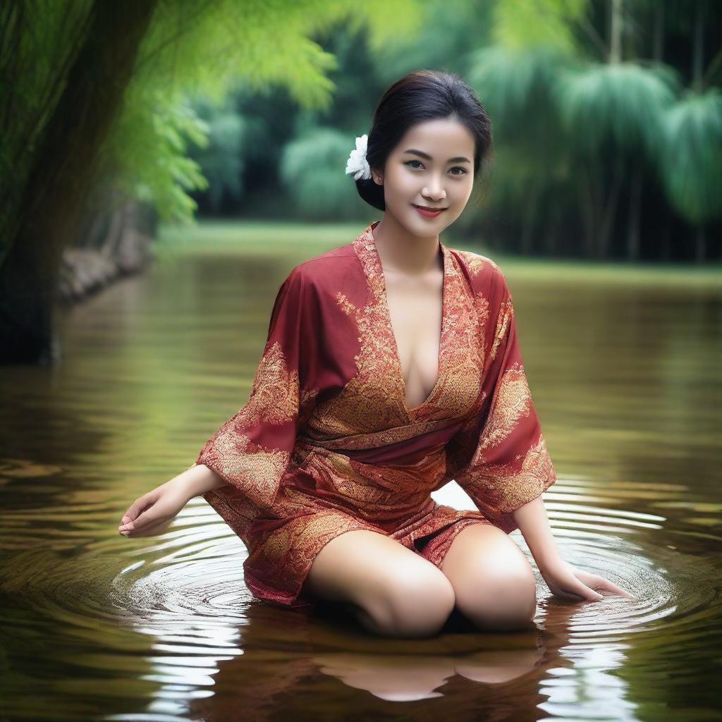 This super realistic, very high-resolution, super HD quality photograph captures a beautiful, sexy Indonesian woman in a very short batik kimono, open in the middle