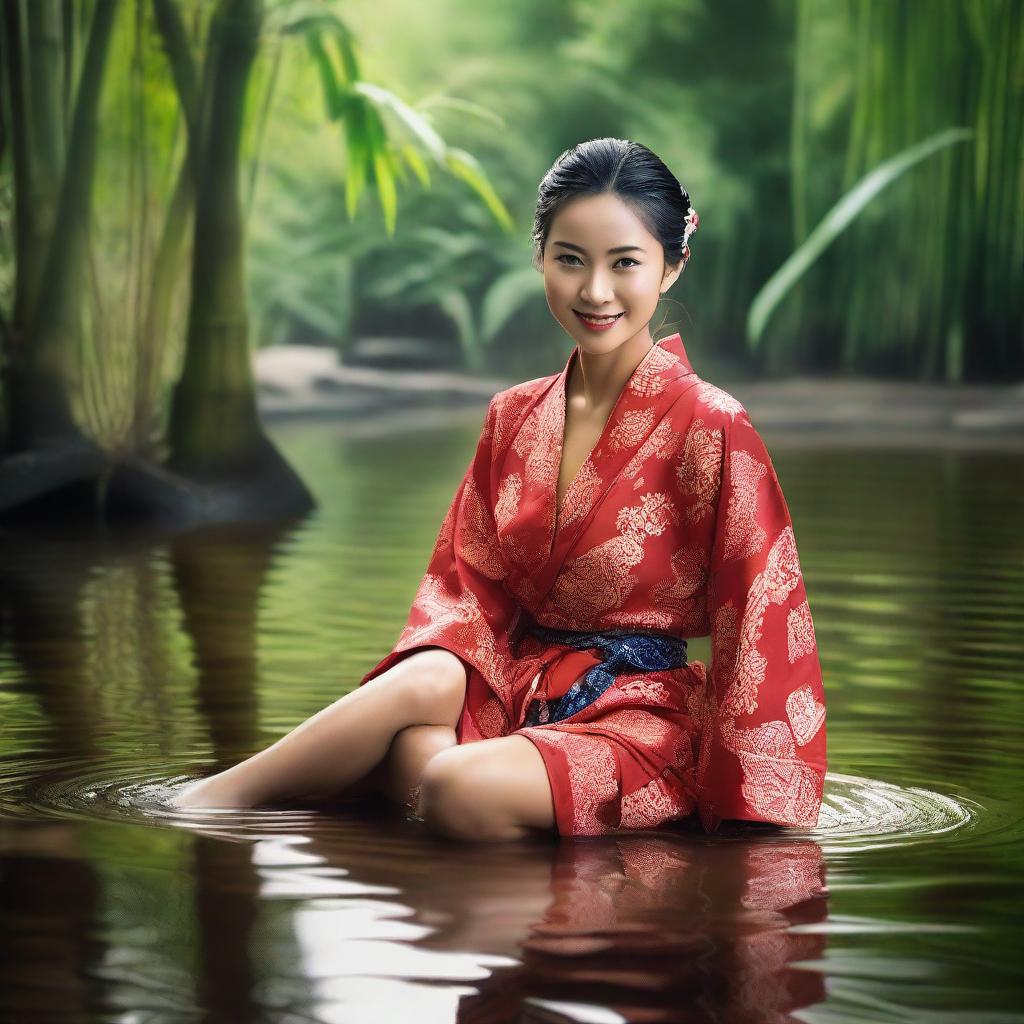 This super realistic, very high-resolution, super HD quality photograph captures a beautiful, sexy Indonesian woman in a very short batik kimono, open in the middle