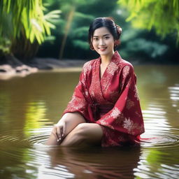 This super realistic, very high-resolution, super HD quality photograph captures a beautiful, sexy Indonesian woman in a very short batik kimono, open in the middle