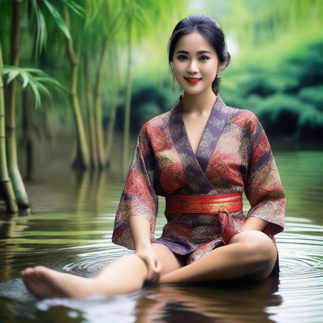 A super realistic, very high-resolution, super HD quality photograph features a beautiful, sexy Indonesian woman in a very short, sexy batik kimono that is open in the center