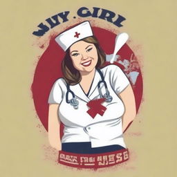 Create a design for a T-shirt that says “My girl's got a fat ass and works at Presby” with a tasteful, non-objectifying picture of a nurse on it