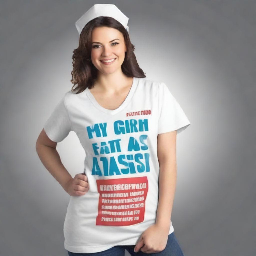 Create a design for a T-shirt that says “My girl's got a fat ass and works at Presby” with a tasteful, non-objectifying picture of a nurse on it