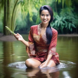 A beautiful and sexy Indonesian woman wearing a short, open, transparent batik kimono, posing provocatively, smiling seductively, playing with water while cleaning her feet in a clear and beautiful river, with bamboo trees in the background