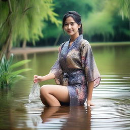 A beautiful and sexy Indonesian woman wearing a short, open, transparent batik kimono, posing provocatively, smiling seductively, playing with water while cleaning her feet in a clear and beautiful river, with bamboo trees in the background