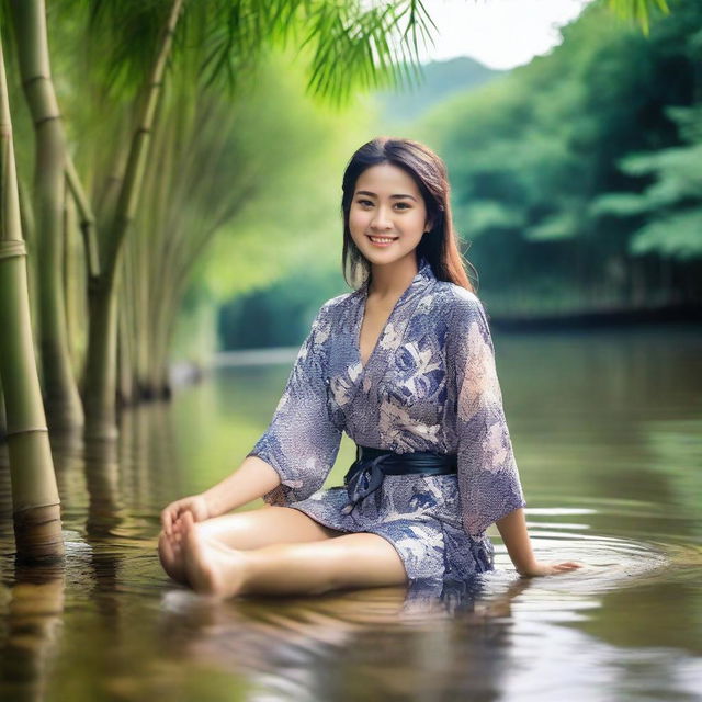 A beautiful and sexy Indonesian woman wearing a short, open, transparent batik kimono, posing provocatively, smiling seductively, playing with water while cleaning her feet in a clear and beautiful river, with bamboo trees in the background