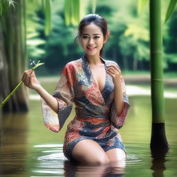 A beautiful and sexy Indonesian woman wearing a short, open, transparent batik kimono, posing provocatively, smiling seductively, playing with water while cleaning her feet in a clear and beautiful river, with bamboo trees in the background