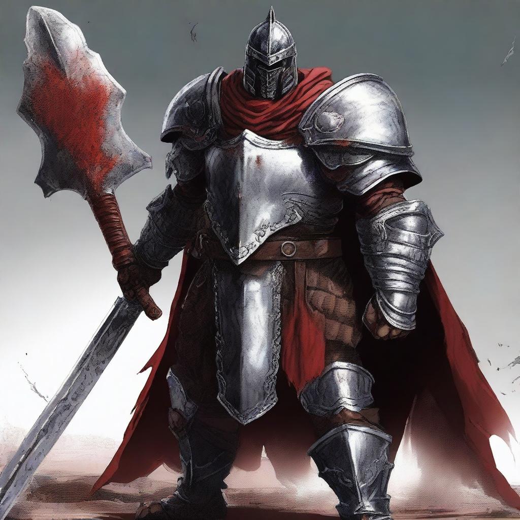 Generate an image of a fearsome fighter clad in heavy armor, but without a helmet