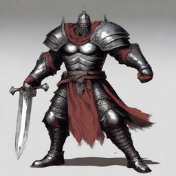 Generate an image of a fearsome fighter clad in heavy armor, but without a helmet